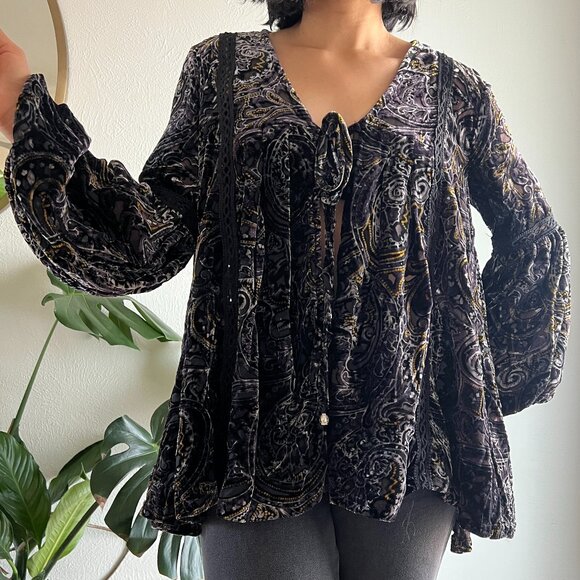 Women’s POL Black velvet oversized open tie front Top size small boho hippie - Picture 10 of 13
